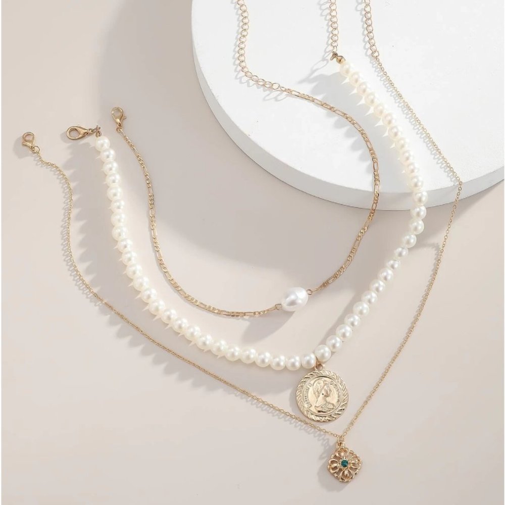 Necklace 3pcs Coin Faux Pearl Decor Gold Chain New